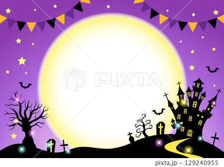 ハロウィン背景、旗、キラキラ、月夜、紫、横 129240955