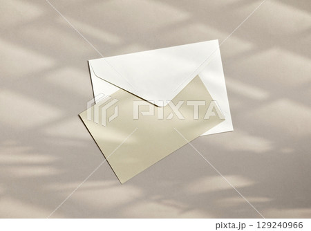 Real craft photo card envelope mockup design natural diagonal light shadow leaf organic overlay bg 129240966