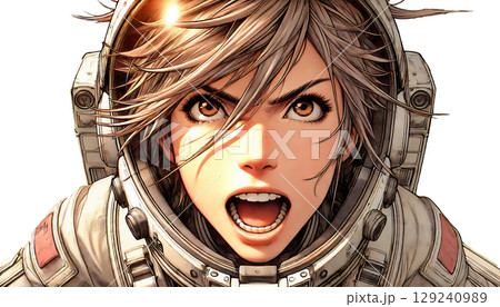 真正面から見た叫ぶ女性宇宙兵士、決意を込めた表情の未来戦士、ヘルメット越しに叫ぶ女性ソルジャー 129240989