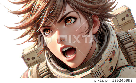 驚きと闘志を宿す女性戦士の表情、感情を爆発させる未来の戦闘員、叫びをあげる宇宙装備の若きソルジャー 驚きと闘志を宿す女性戦士の表情、感情を爆発させる未来の戦闘員、叫びをあげる宇宙装備の若きソルジャー 129240992