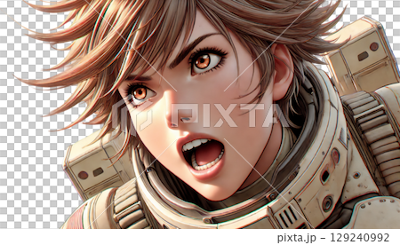 驚きと闘志を宿す女性戦士の表情、感情を爆発させる未来の戦闘員、叫びをあげる宇宙装備の若きソルジャー 驚きと闘志を宿す女性戦士の表情、感情を爆発させる未来の戦闘員、叫びをあげる宇宙装備の若きソルジャー 129240992