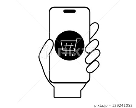 スマホ操作をする手のイラスト｜カート・買い物かご・ショッピングなどのモノクロアイコン 129241052