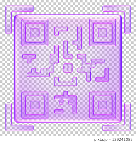 3D transparent QR code symbol in purple gradient, representing quick response scan, barcode, digital access, or mobile payment 129241085