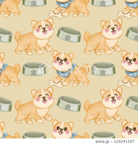 Seamless Pattern Kawaii playful Corgi and Shiba Inu dogs in various poses, Dog equipment Hand drawn, colored Background. Seamless Pattern Kawaii playful Corgi and Shiba Inu dogs in various poses, Dog equipment Hand drawn, colored Background. 129241107