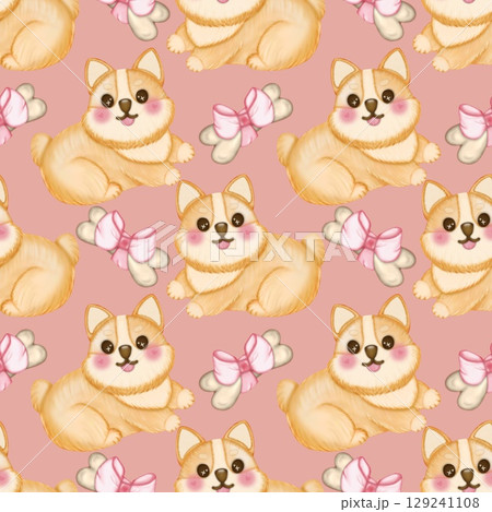 Seamless Pattern Kawaii playful Corgi and Shiba Inu dogs in various poses, Dog equipment Hand drawn, colored Background. Seamless Pattern Kawaii playful Corgi and Shiba Inu dogs in various poses, Dog equipment Hand drawn, colored Background. 129241108