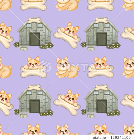 Seamless Pattern Kawaii playful Corgi and Shiba Inu dogs in various poses, Dog equipment Hand drawn, colored Background. 129241109