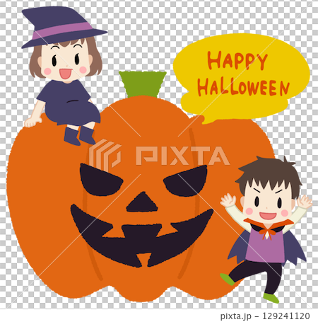 ハロウィンの仮装をした子供たちとカボチャのイラスト 129241120