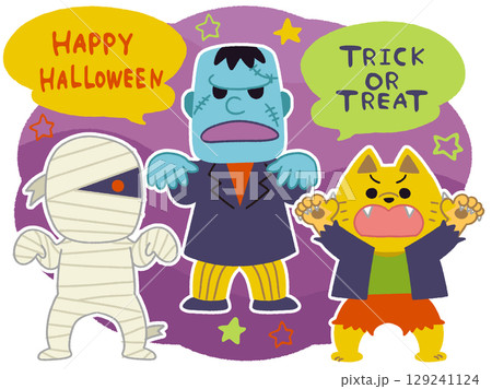 ハロウィンのかわいいモンスターたちのイラスト 129241124