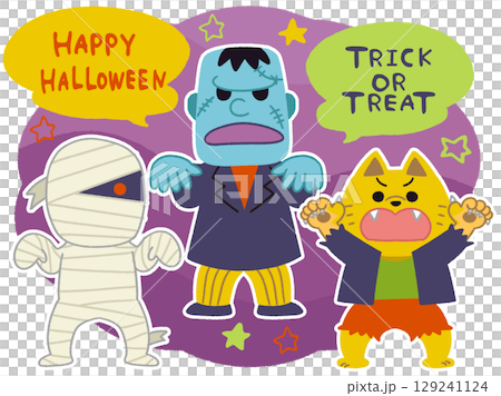 ハロウィンのかわいいモンスターたちのイラスト 129241124