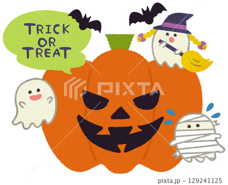 ハロウィンのカボチャとかわいいオバケのキャラクターイラスト 129241125