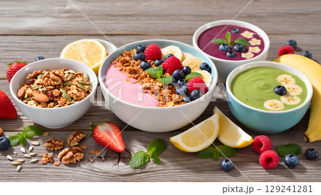 A photorealistic image of a wooden table with various bowls of healthy food arranged on it. The main subject is a bowl of mixed berry smoothie topped with granola and fresh berries, positioned in the A photorealistic image of a wooden table with various bowls of healthy food arranged on it. The main subject is a bowl of mixed berry smoothie topped with granola and fresh berries, positioned in the 129241281