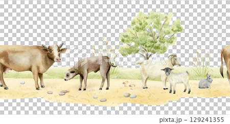 Farm animals watercolor seamless border isolated on white. Hand drawn cow, calf, goats and baby chickens on sand ground. Village horizontal illustration clip art for countryside landscape banner Farm animals watercolor seamless border isolated on white. Hand drawn cow, calf, goats and baby chickens on sand ground. Village horizontal illustration clip art for countryside landscape banner 129241355
