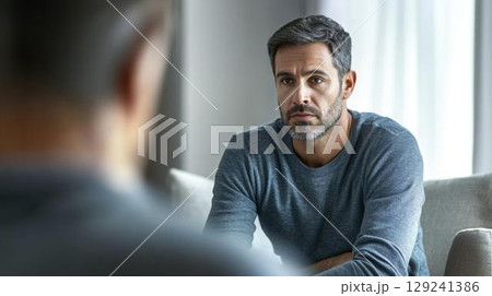 深刻な相談をする中年男性・静かな対話のワンシーン 129241386