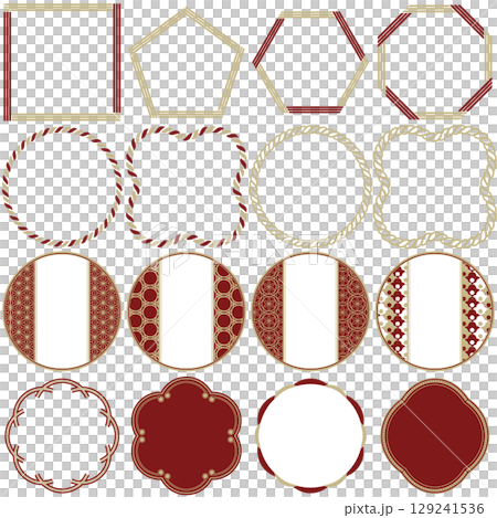 Japanese-style frame set featuring traditional Japanese patterns, decorative frames, retro, red, crimson, vermilion, red and white, no text 129241536