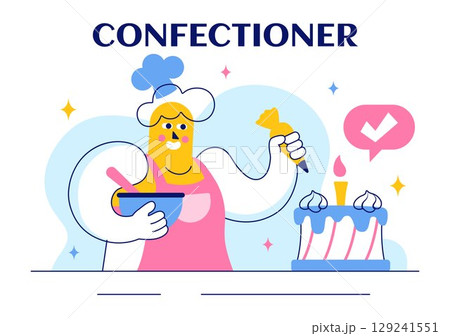 Vector Illustration of a Confectioner Chef Wearing an Apron While Preparing Delicious Desserts, Sweet Products, and Pastries in a Flat Background 129241551