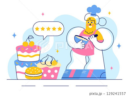Vector Illustration of a Confectioner Chef Wearing an Apron While Preparing Delicious Desserts, Sweet Products, and Pastries in a Flat Background 129241557