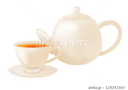 ティーポットとティーカップのセットのイラスト 129241563