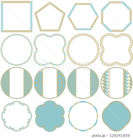 和風フレームセット 日本の伝統文様 装飾 飾り枠 レトロ 水色 浅葱色 シアン 水縹 文字なし 129241859