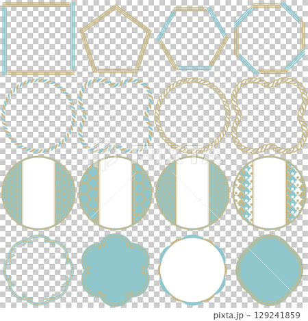 和風フレームセット 日本の伝統文様 装飾 飾り枠 レトロ 水色 浅葱色 シアン 水縹 文字なし 129241859
