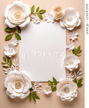 繊細なペーパークラフト、エレガントな白いバラと葉に囲まれた空白のカード 繊細なペーパークラフト、エレガントな白いバラと葉に囲まれた空白のカード 129241930