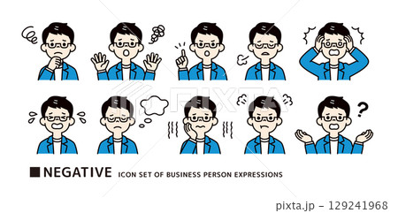 メガネをかけた若い男性の、ネガティブなポーズのアイコン素材セット＿ベクター＿カラー 129241968
