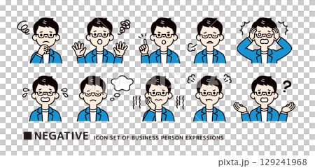 メガネをかけた若い男性の、ネガティブなポーズのアイコン素材セット＿ベクター＿カラー 129241968