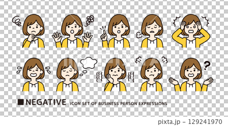 Icon material set of a young woman wearing a cardigan in a negative pose_Vector_Color 129241970