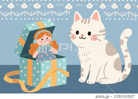 人形をもらって喜ぶ猫 129242007