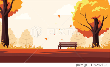 Lonely Park Bench Under Golden Fall Trees in Urban Garden Lonely Park Bench Under Golden Fall Trees in Urban Garden 129242128