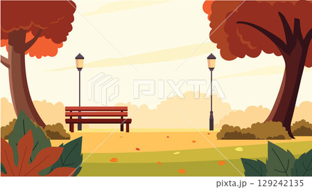 Empty Bench and Fallen Leaves in Autumn City Park 129242135