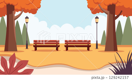 Fall Scene with Benches in Peaceful City Green Space Fall Scene with Benches in Peaceful City Green Space 129242157