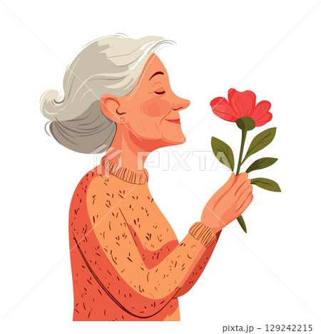 happy senior woman smells a flower isolated vector illustration 129242215