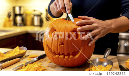 Hands carving a jack-o-lantern with knife and pumpkin seeds. Halloween preparation and tradition. 129242283