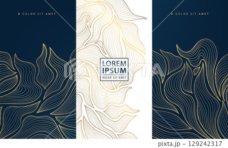 Vector set of luxury floral leaves art, golden on blue and white line leaf backgrounds, beauty package design. Elegant banners, brochures, flower premium elements 129242317