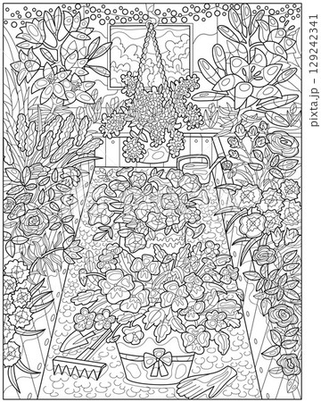 Hand drawn illustration with beautiful garden flowers in greenhouse for coloring page. Line art vector illustration. Summer botanical and farming background with gardening objects, vintage concept Hand drawn illustration with beautiful garden flowers in greenhouse for coloring page. Line art vector illustration. Summer botanical and farming background with gardening objects, vintage concept 129242341