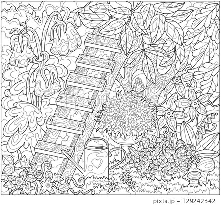 Hand drawn illustration with flowers and ladder in the beautiful garden for coloring page. Line art vector illustration. Summer botanical background with gardening objects, vintage concept 129242342