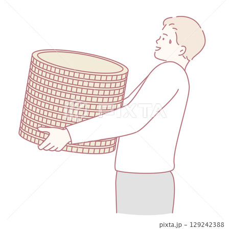 A Professional Media Stocker carries a heavy stack of coins, showing their dedication 129242388