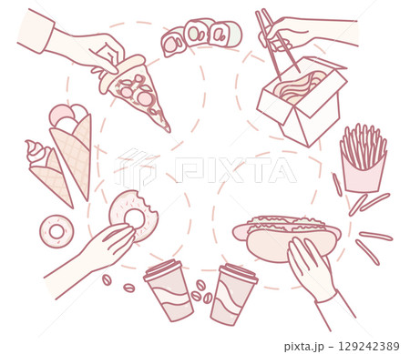 A Wide and Delicious Variety of Foods with Hands Sharing Different Amazing Cuisines 129242389