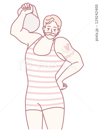 Artistic vintage strongman pose with muscular men, kettlebell, and strength symbolism 129242400