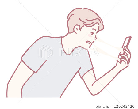 A frustrated user is engaged with their phone, showing modern struggles with technology 129242420