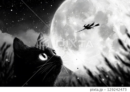A black cat looks up at the bright full moon as a witch flies on a broom across the night sky. 129242473