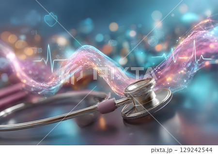 A modern stethoscope lies beside a luminous cyber health wave with a clear heartbeat, showcasing advanced medical technology. 129242544