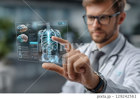 A medical figure utilizes advanced cyber technology to interact with a detailed holographic human body display, showing intricate health data. 129242561