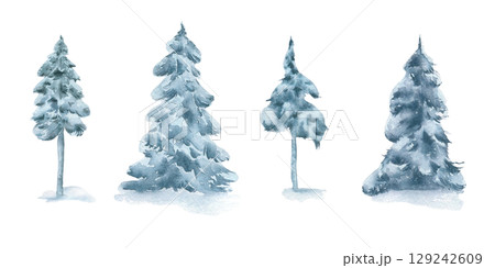 Set of winter Christmas trees in muted blue watercolor isolated on white. Evergreens trees in snowy fog hand painted. Pine, spruce in winter forest clipart for seasonal greeting cards, stationary. 129242609