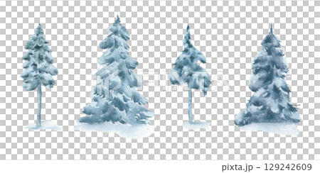 Set of winter Christmas trees in muted blue watercolor isolated on white. Evergreens trees in snowy fog hand painted. Pine, spruce in winter forest clipart for seasonal greeting cards, stationary. 129242609