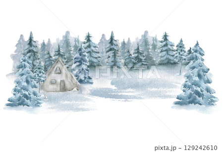 Winter landscape of wooden cabin, snowy fir trees and muted blue coniferous forest in soft watercolors isolated. Woodland illustration hand painted for ski resort branding and holiday cards background Winter landscape of wooden cabin, snowy fir trees and muted blue coniferous forest in soft watercolors isolated. Woodland illustration hand painted for ski resort branding and holiday cards background 129242610