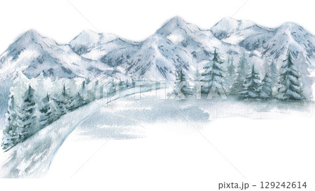 Winter scene of ski slopes, dense coniferous woods and snowy rocky peaks in muted blue green watercolor tones isolated on white. Snowy woodland sketch hand drawn for travel blogs and mountain tourism. Winter scene of ski slopes, dense coniferous woods and snowy rocky peaks in muted blue green watercolor tones isolated on white. Snowy woodland sketch hand drawn for travel blogs and mountain tourism. 129242614