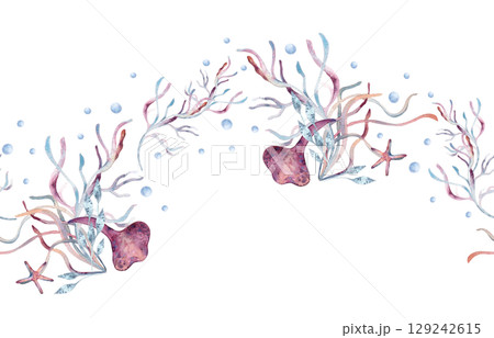 Watercolor underwater seamless border with corals, seaweeds, shells, starfish in pale pink colors isolated. Repeated background for textile, packaging, wallpaper ocean designs. Ocean creatures print. 129242615