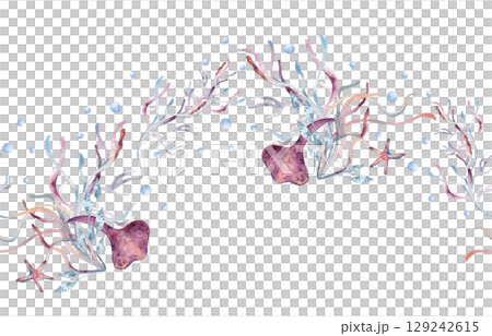 Watercolor underwater seamless border with corals, seaweeds, shells, starfish in pale pink colors isolated. Repeated background for textile, packaging, wallpaper ocean designs. Ocean creatures print. 129242615