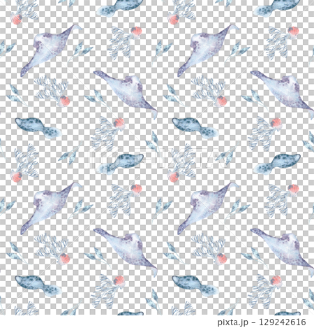 Stingrays swim pale blue coral and underwater flora watercolor seamless pattern isolated. Marine repeated background with monochrome sea life hand drawn for baby room decor, wrapping paper, fabric. Stingrays swim pale blue coral and underwater flora watercolor seamless pattern isolated. Marine repeated background with monochrome sea life hand drawn for baby room decor, wrapping paper, fabric. 129242616